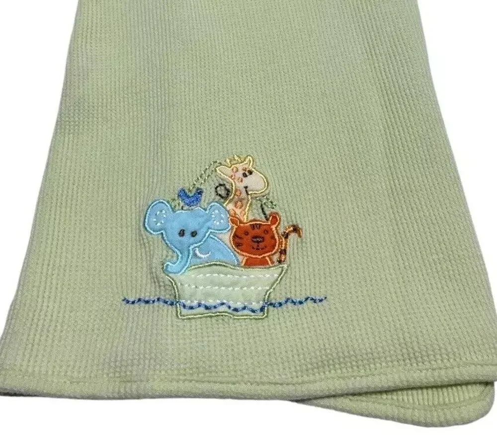 Spasilk Waffle Weave Green Baby Blanket Animals Noahs Ark Tiger Elephant Giraffe
